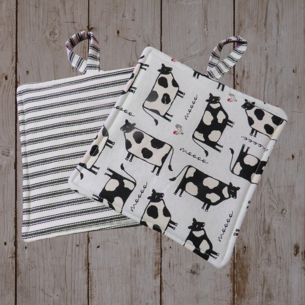Handmade Potholder, Set of 2, Reversible Cows and White and Black Ticking Quilte